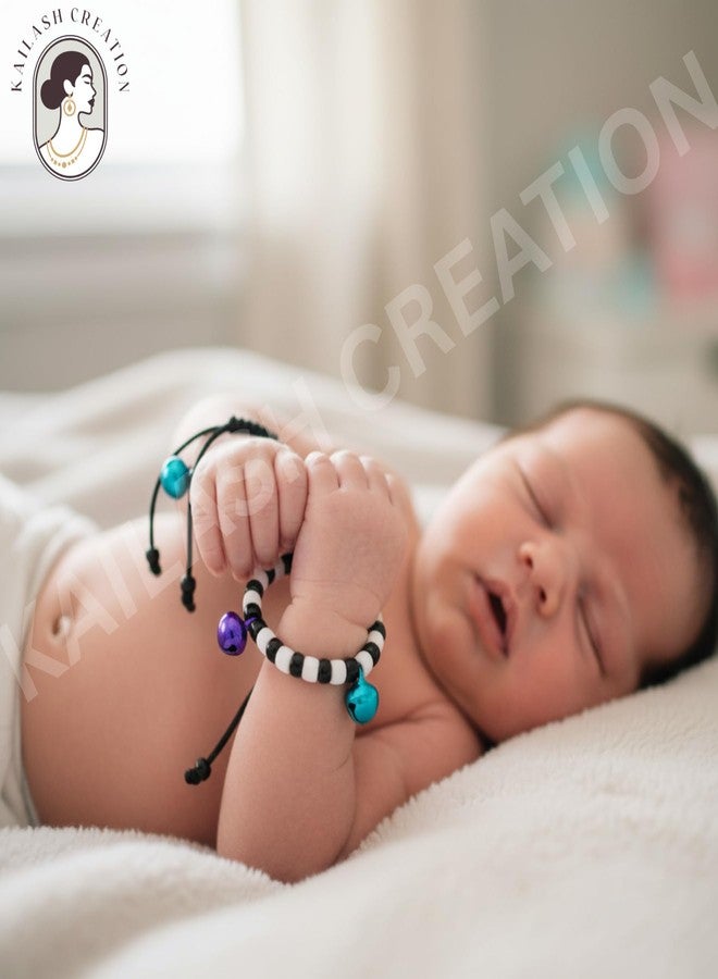 Kailash Creation Baby Nazariya Bracelets Kada for Newborn Boys & Girls (0-5 Years) | Adjustable Black & White Beads Thread | Baby Shower, Birth, Naming Ceremony & Mundan Function (Multicolor Bells, Pack of 4) - Image 2