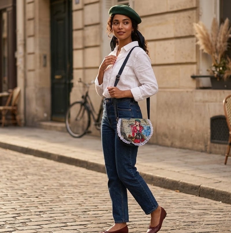 Elegant Crossbody Bag with Artistic Detailing and Lace Trim - Unique Design - Multicolor - Image 2