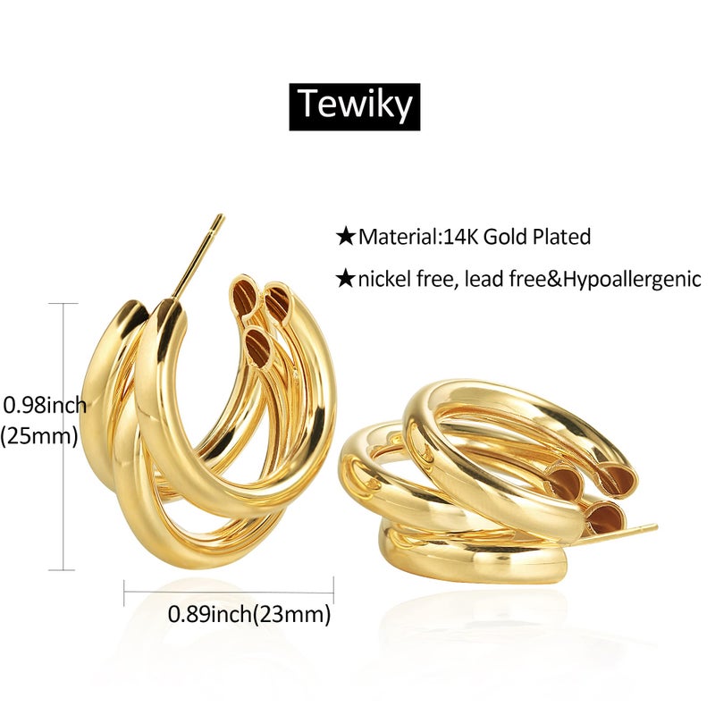 Tewiky أقراط تويكي للنساء، أقراط ثلاثية حلقات سميكة مطلية بالذهب عيار 14، حلقات صغيرة جمالية مضادة للحساسية للفتيات - Image 5