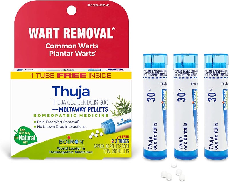Boiron Boiron Thuja Occidentalis 30C Wart Removal Homeopathic Medicine for Painless Removal of Warts from Plantar (Feet), Hands, and Other Bodily Warts - 3 Count (240 Pellets) 