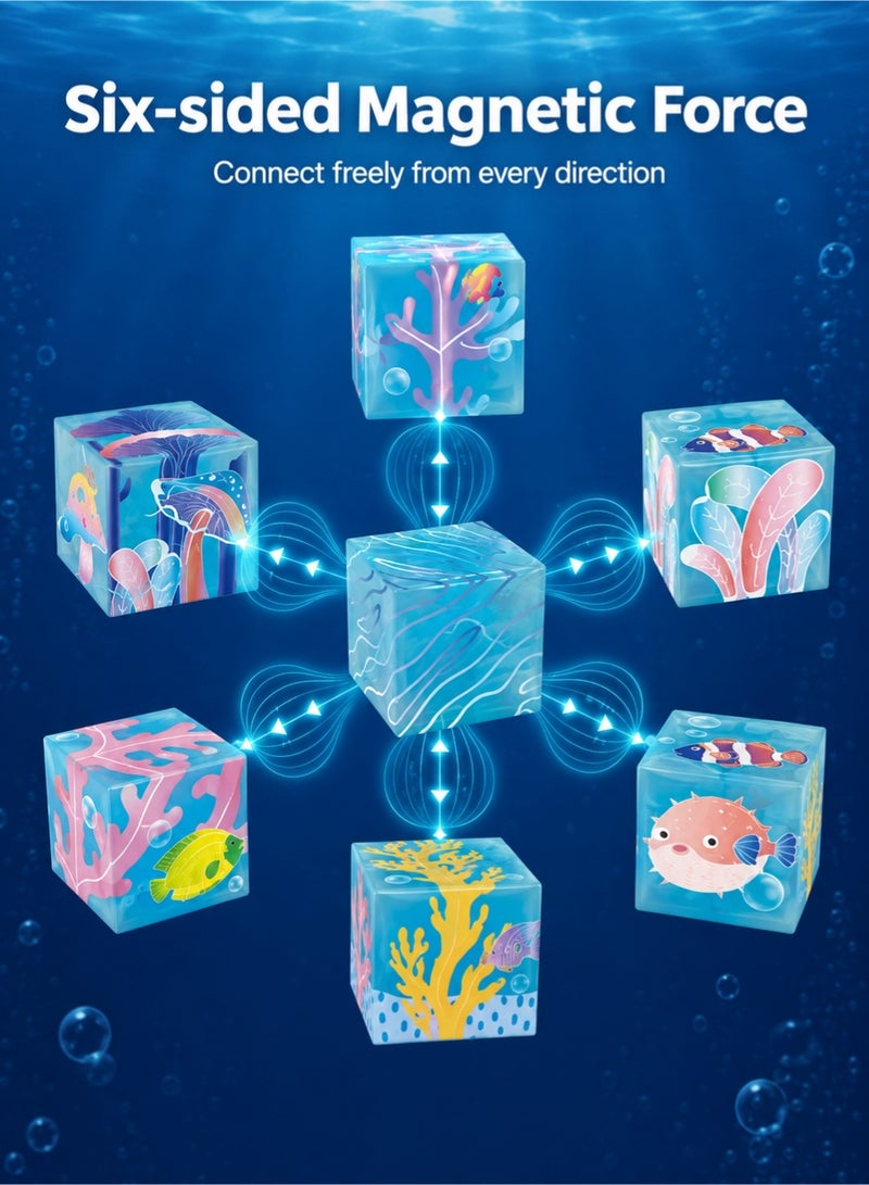 RAKAY Sea World Glow-in-the-Dark Magnetic Cubes, 70-Piece 2 cm Building Blocks Set, Light-Activated Ocean Castle STEM Toy for Kids Ages 3+ - Image 2