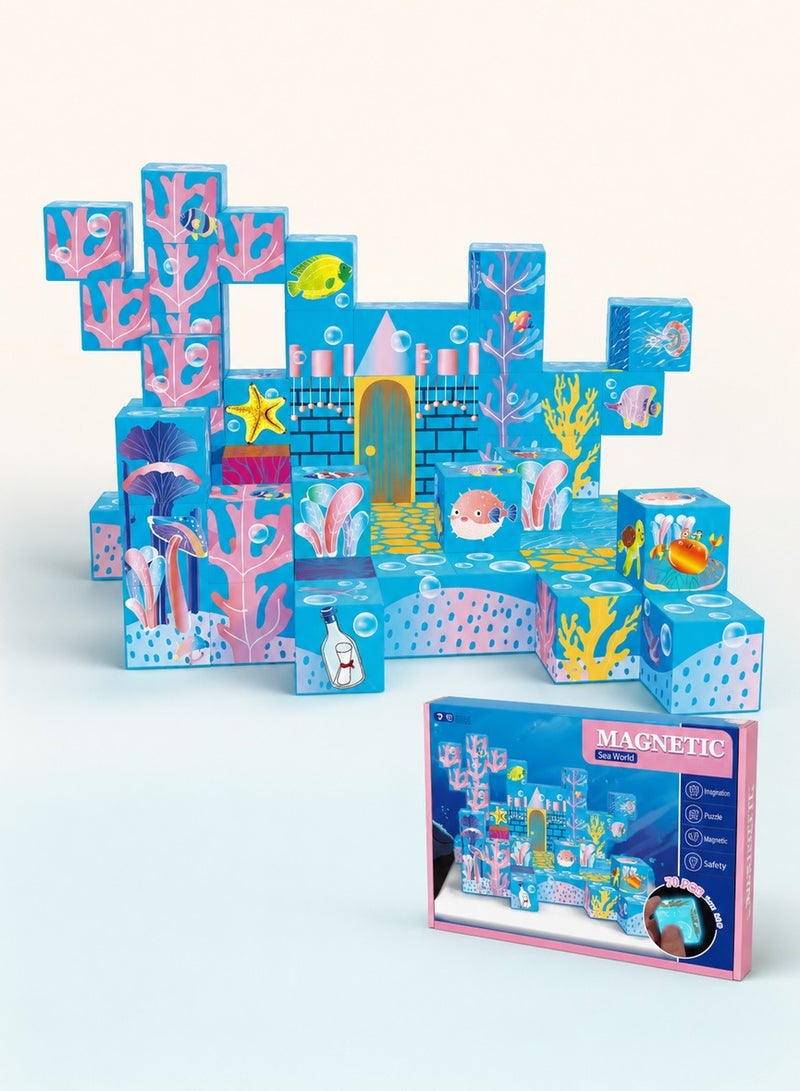 RAKAY Sea World Glow-in-the-Dark Magnetic Cubes, 70-Piece 2 cm Building Blocks Set, Light-Activated Ocean Castle STEM Toy for Kids Ages 3+ - Image 1