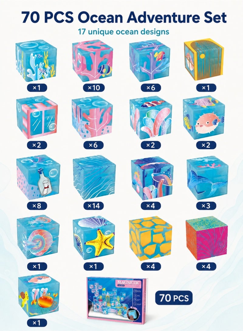 RAKAY Sea World Glow-in-the-Dark Magnetic Cubes, 70-Piece 2 cm Building Blocks Set, Light-Activated Ocean Castle STEM Toy for Kids Ages 3+ - Image 4