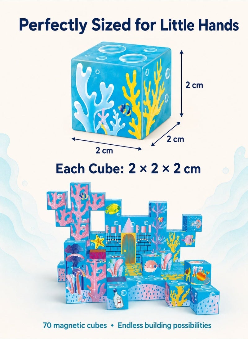 RAKAY Sea World Glow-in-the-Dark Magnetic Cubes, 70-Piece 2 cm Building Blocks Set, Light-Activated Ocean Castle STEM Toy for Kids Ages 3+ - Image 5