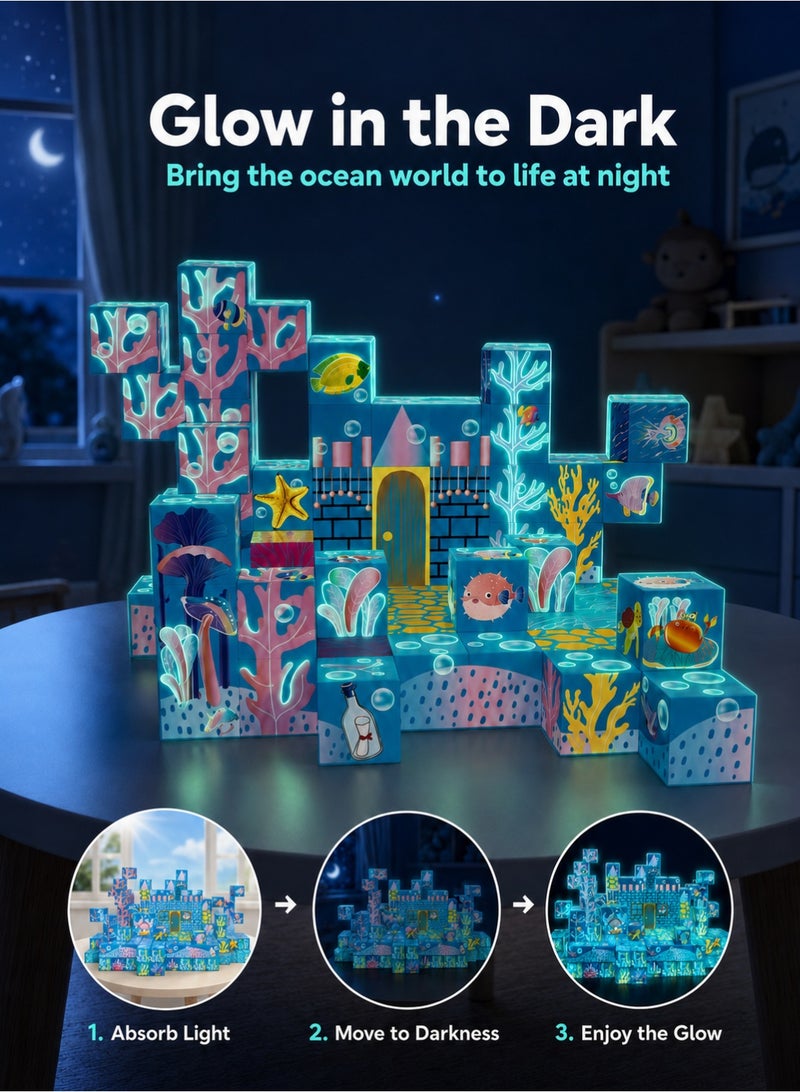 RAKAY Sea World Glow-in-the-Dark Magnetic Cubes, 70-Piece 2 cm Building Blocks Set, Light-Activated Ocean Castle STEM Toy for Kids Ages 3+ - Image 3