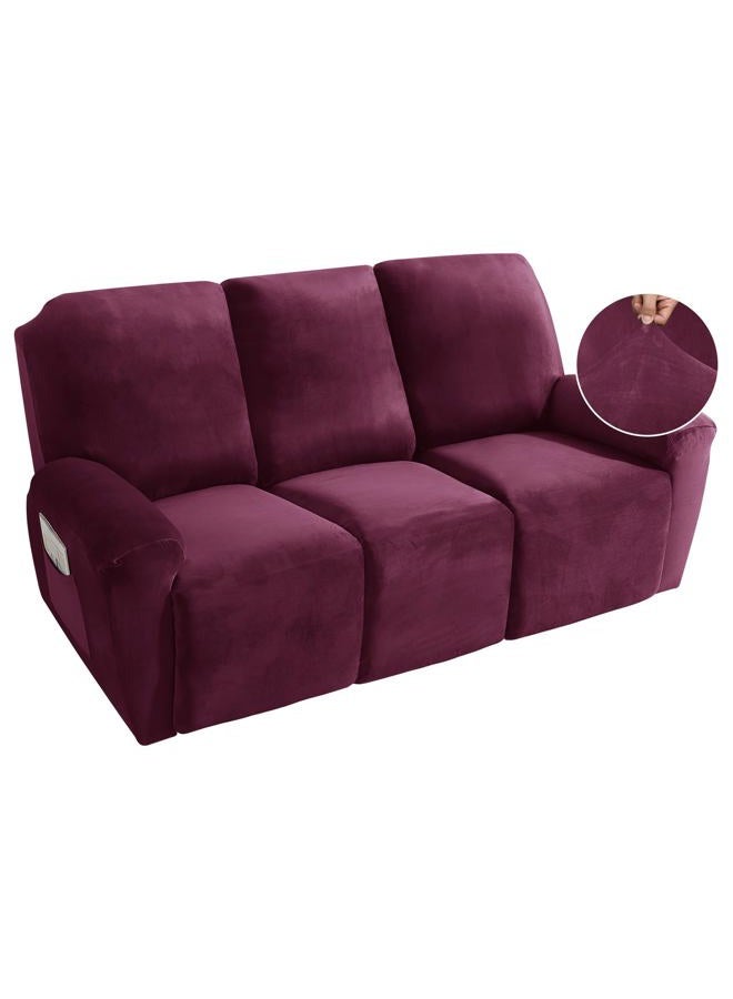 MAXIJIN 8 Pieces Recliner Sofa Covers, Stretch Velvet Reclining Couch Covers for 3 Cushion Furniture Covers, Thick, Soft, Washable Reclining Sofa Slipcovers (Sofa Recliner, Wine Red) - Image 1