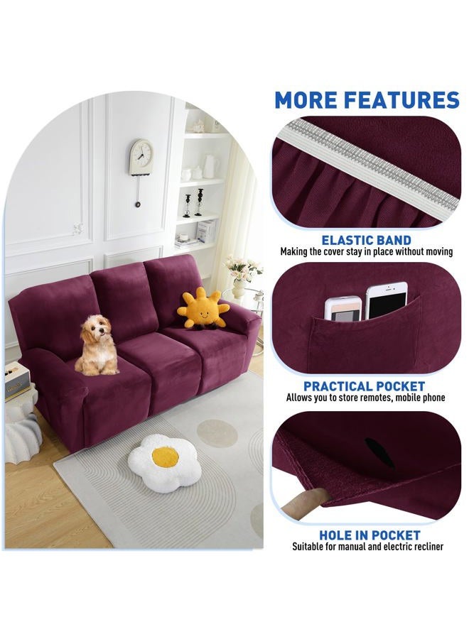 MAXIJIN 8 Pieces Recliner Sofa Covers, Stretch Velvet Reclining Couch Covers for 3 Cushion Furniture Covers, Thick, Soft, Washable Reclining Sofa Slipcovers (Sofa Recliner, Wine Red) - Image 4