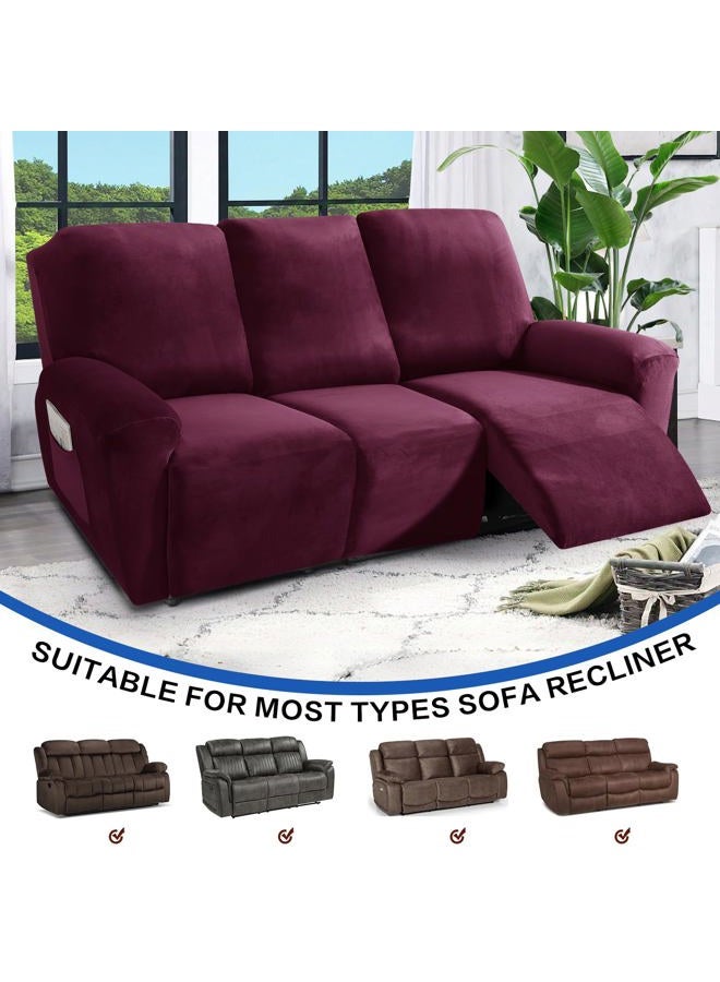 MAXIJIN 8 Pieces Recliner Sofa Covers, Stretch Velvet Reclining Couch Covers for 3 Cushion Furniture Covers, Thick, Soft, Washable Reclining Sofa Slipcovers (Sofa Recliner, Wine Red) - Image 2