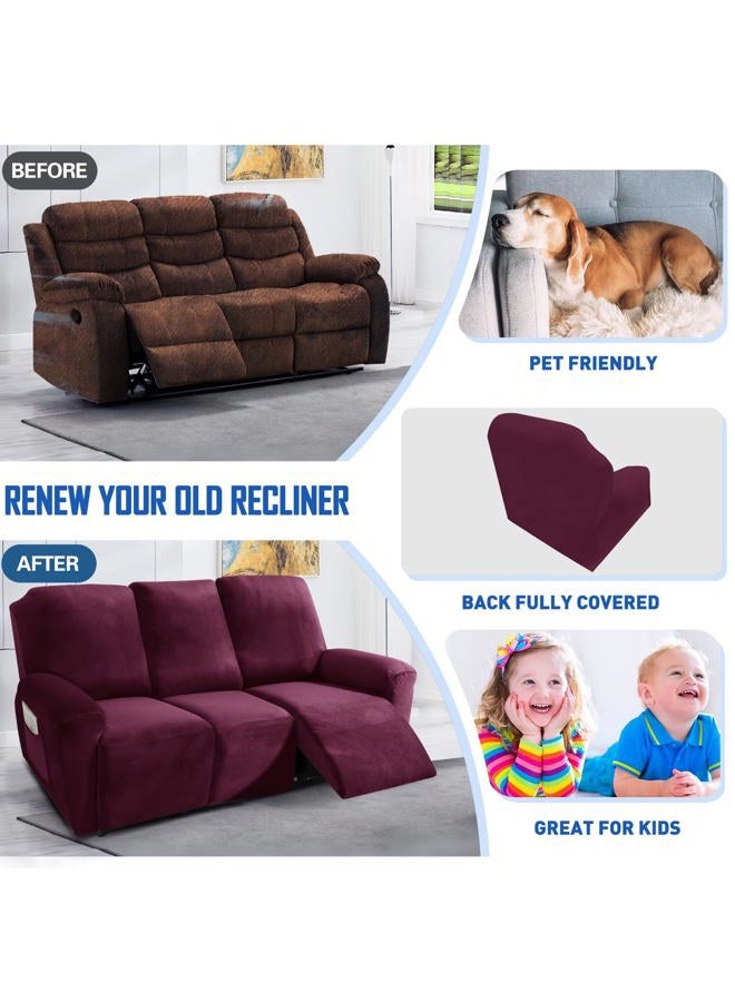 MAXIJIN 8 Pieces Recliner Sofa Covers, Stretch Velvet Reclining Couch Covers for 3 Cushion Furniture Covers, Thick, Soft, Washable Reclining Sofa Slipcovers (Sofa Recliner, Wine Red) - Image 5
