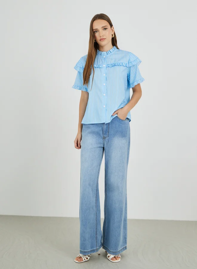 Take Two Take Two Striped Ruffled Details Buttoned Shirt