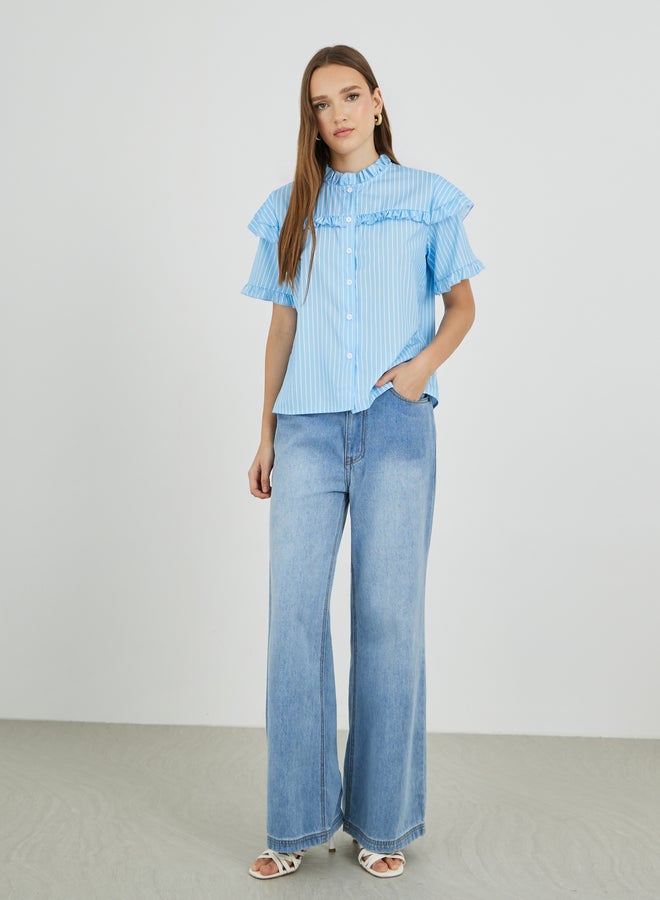 تايك تو قميص بأزرار وتفاصيل مكشكشة مخططة - Image 2