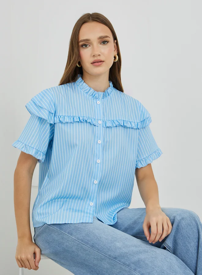 Take Two Take Two Striped Ruffled Details Buttoned Shirt
