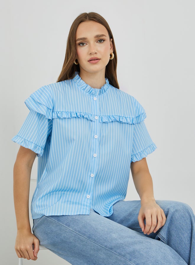 تايك تو قميص بأزرار وتفاصيل مكشكشة مخططة - Image 1