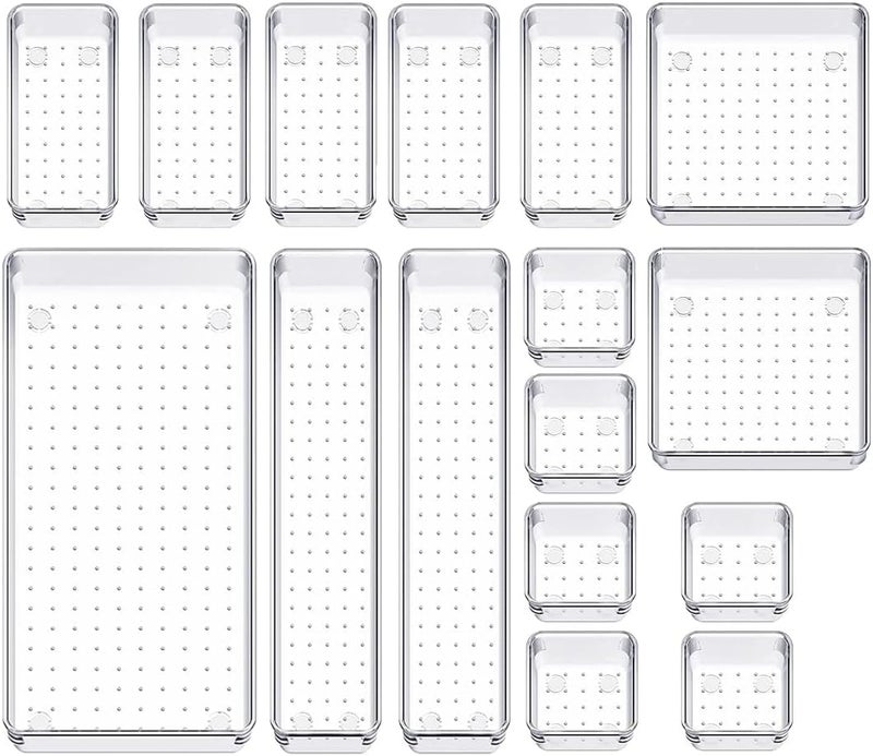 Drawer Organizers - Drawer Organizer Set, Clear Plastic Drawer Dividers, Different Sizes Desk Drawer Organizer, Trays for Makeup, Jewelries and Gadgets, Bedroom, Bathroom (16 Pieces) - Image 1