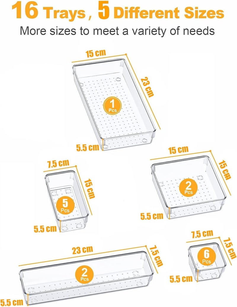 Drawer Organizers - Drawer Organizer Set, Clear Plastic Drawer Dividers, Different Sizes Desk Drawer Organizer, Trays for Makeup, Jewelries and Gadgets, Bedroom, Bathroom (16 Pieces) - Image 2