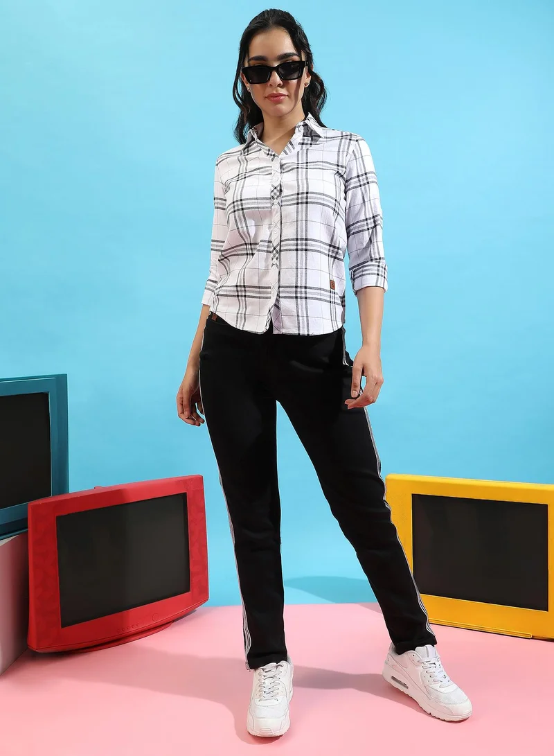 Campus Sutra Women's Navy Blue Tartan Plaid Button Up Regular Fit ShirtFor Casual Wear | Spread Collar | Long Sleeves | Cotton Shirt Crafted With Regular Sleeve & Comfort Fit For Everyday Wear