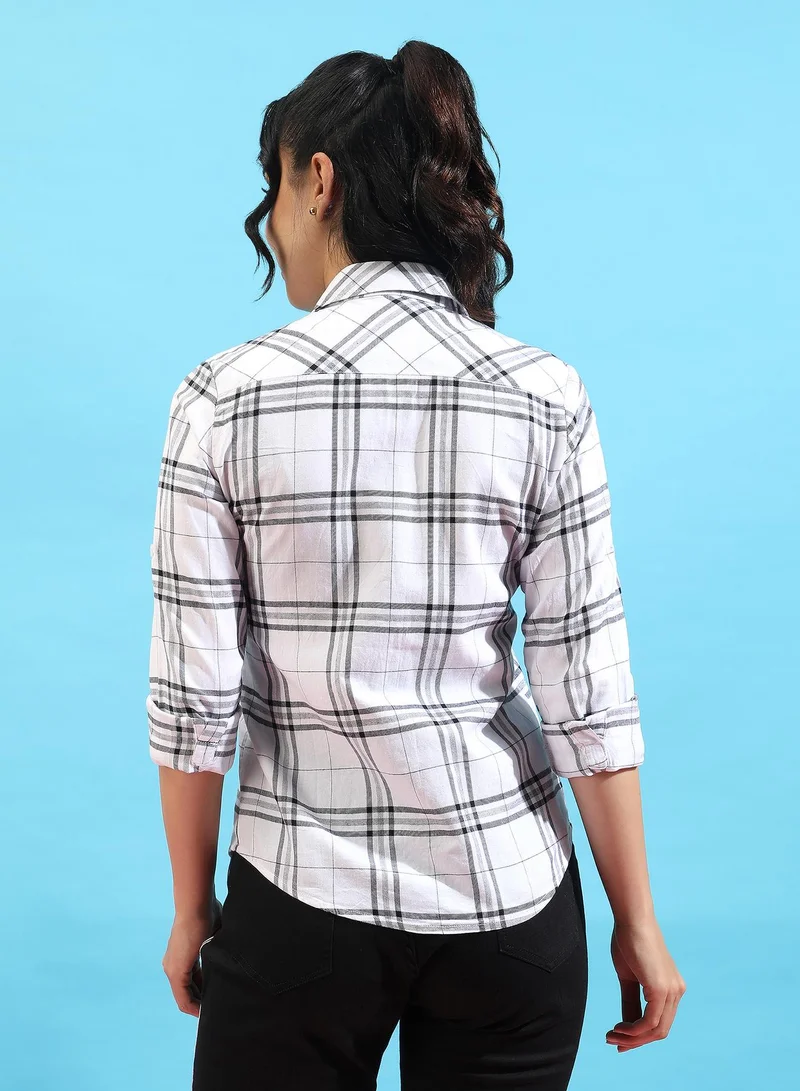Campus Sutra Women's Navy Blue Tartan Plaid Button Up Regular Fit ShirtFor Casual Wear | Spread Collar | Long Sleeves | Cotton Shirt Crafted With Regular Sleeve & Comfort Fit For Everyday Wear