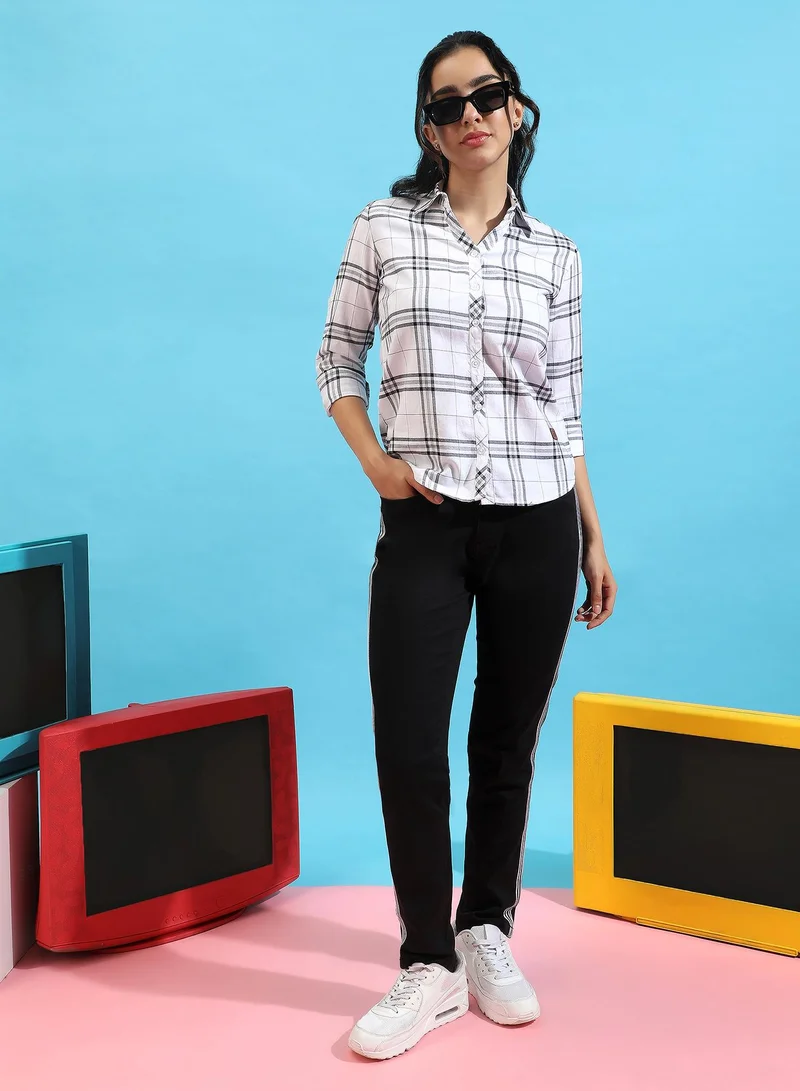 Campus Sutra Women's Navy Blue Tartan Plaid Button Up Regular Fit ShirtFor Casual Wear | Spread Collar | Long Sleeves | Cotton Shirt Crafted With Regular Sleeve & Comfort Fit For Everyday Wear
