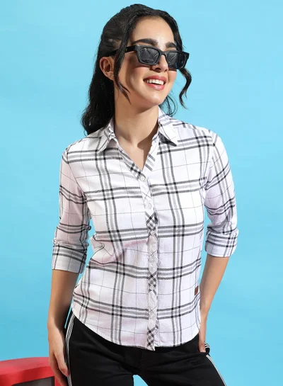 Campus Sutra Women's Navy Blue Tartan Plaid Button Up Regular Fit ShirtFor Casual Wear | Spread Collar | Long Sleeves | Cotton Shirt Crafted With Regular Sleeve & Comfort Fit For Everyday Wear
