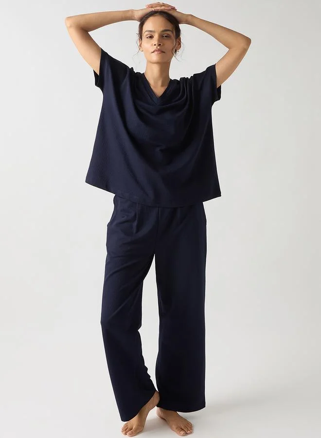 Femmella Navy Blue Cotton Knit Straight Pants