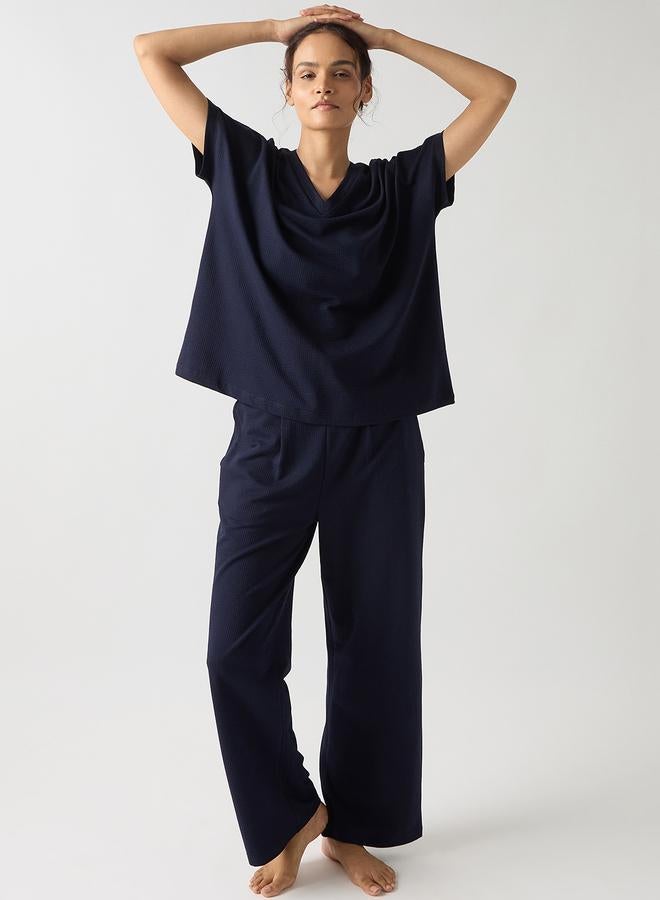 Femmella Navy Blue Cotton Knit Straight Pants - Image 1