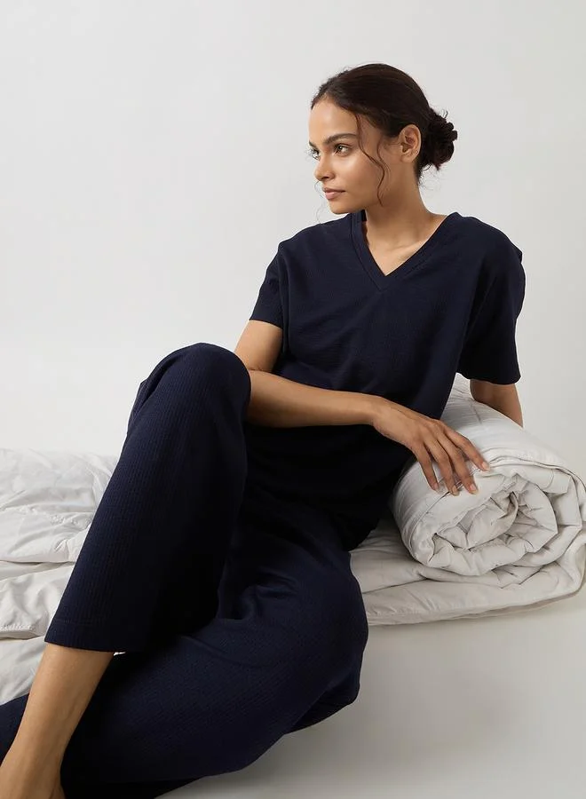 Femmella Navy Blue Cotton Knit Straight Pants