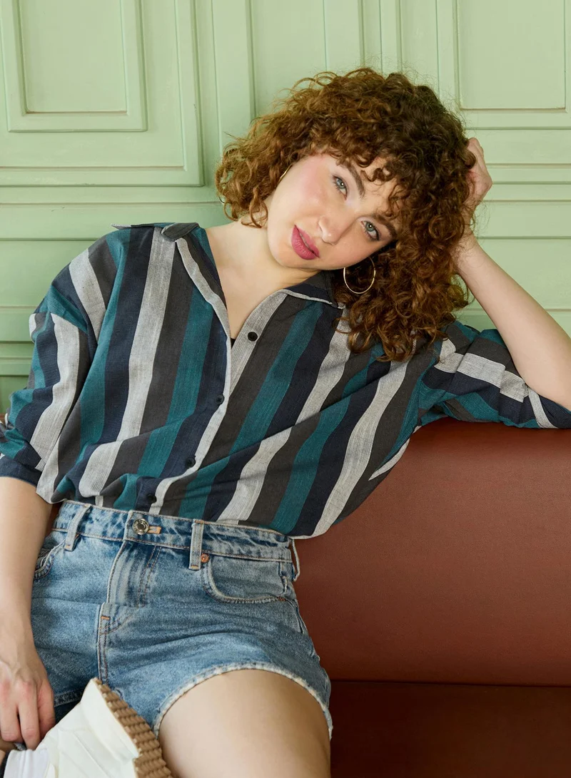Women's Green Stripes Relaxed Shirt For Casual Wear | V-Neck | Long Sleeve | Button Closure | Shirt Crafted With Cotton Comfort Fit For Everyday Wear