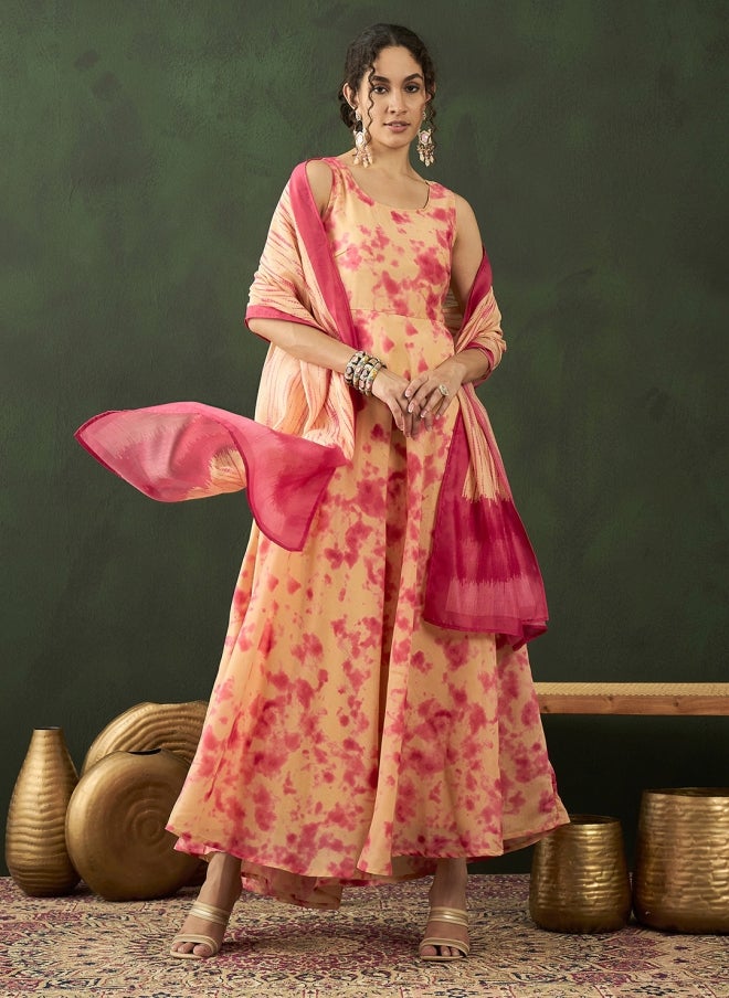 AKS Beige Tie & Dye Maxi Ethnic Dress For Women - Image 1