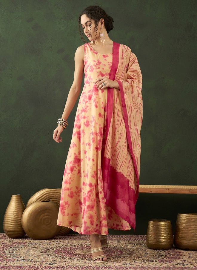 AKS Beige Tie & Dye Maxi Ethnic Dress For Women - Image 4