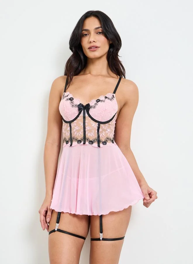 Take Two Pink Lace Trim Slip with Brief and Garter Set