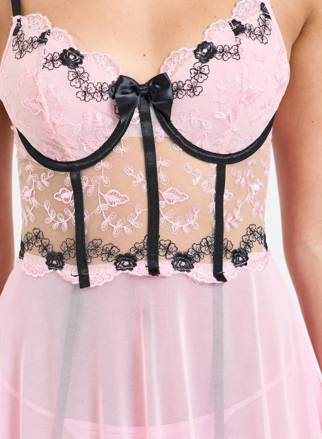 Take Two Pink Lace Trim Slip with Brief and Garter Set