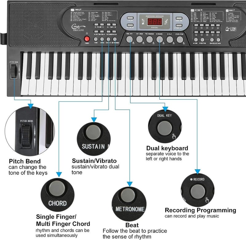 Hricane 61 Keys Piano Keyboard with Microphone Piano Note Sticker Power Supply Music Stand Electronic Digital Keyboard Gift for Beginners Boys Girls Lovers Girlfriend Friends - Image 4