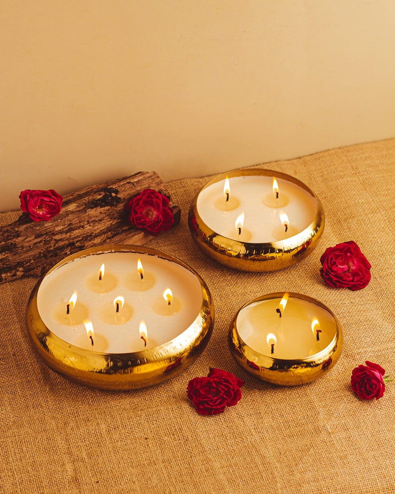 AURA DECOR AuraDecor Luxury Gold Hammered Urli Candle Set of 3 | Multi-Wick Long Burning Scented Candles | Premium Decorative Candles for Festive Décor, Celebration & Gifting | Elegant Home Fragrance Candles - Image 2