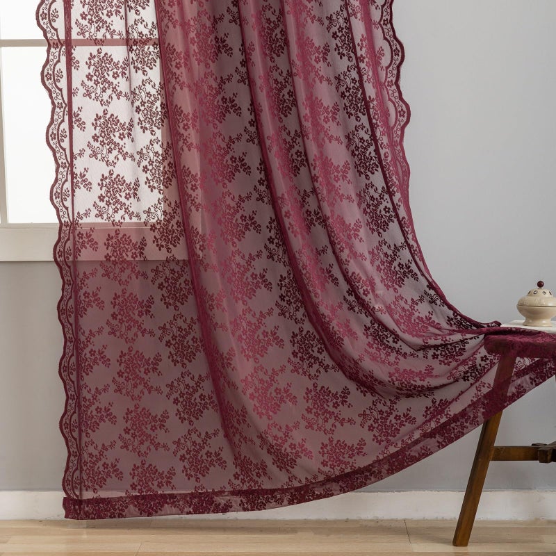 YJ YANJUN Vintage Burgundy Sheer Curtains 63 Inch Length for Dining Room Kitchen Romantic Scalloped Edges Lace Window Treatment Light Filtering Wine Tulle Curtain for Bedroom 52"W x 63"L Dark Burgundy Wine - Image 3