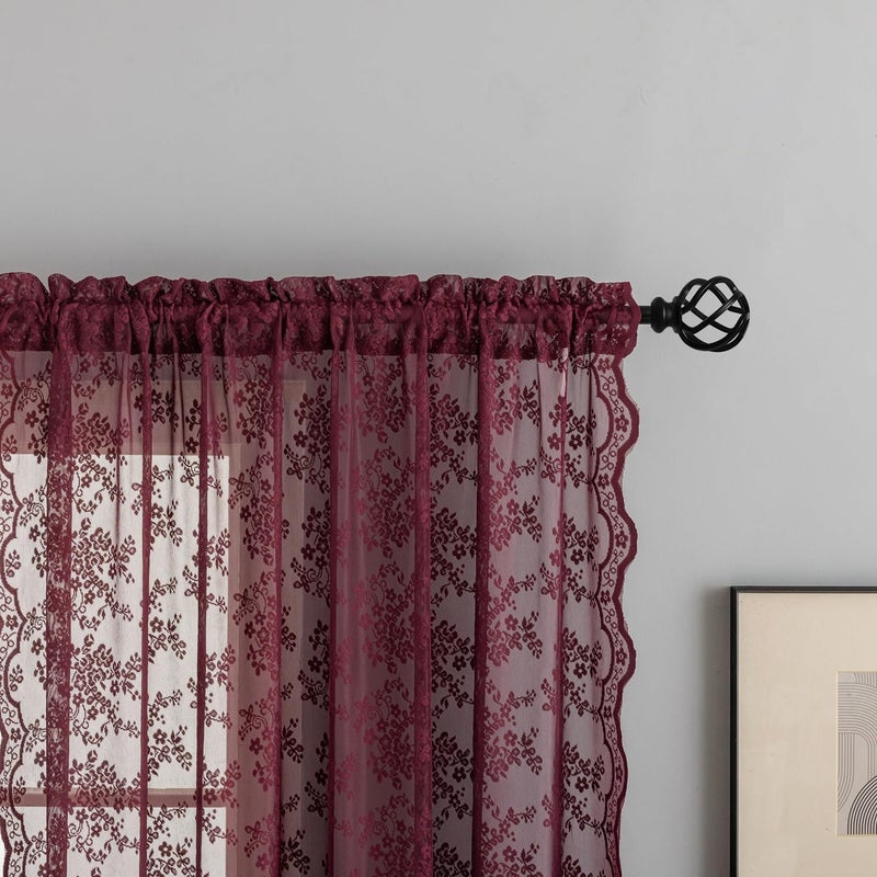 YJ YANJUN Vintage Burgundy Sheer Curtains 63 Inch Length for Dining Room Kitchen Romantic Scalloped Edges Lace Window Treatment Light Filtering Wine Tulle Curtain for Bedroom 52"W x 63"L Dark Burgundy Wine - Image 2