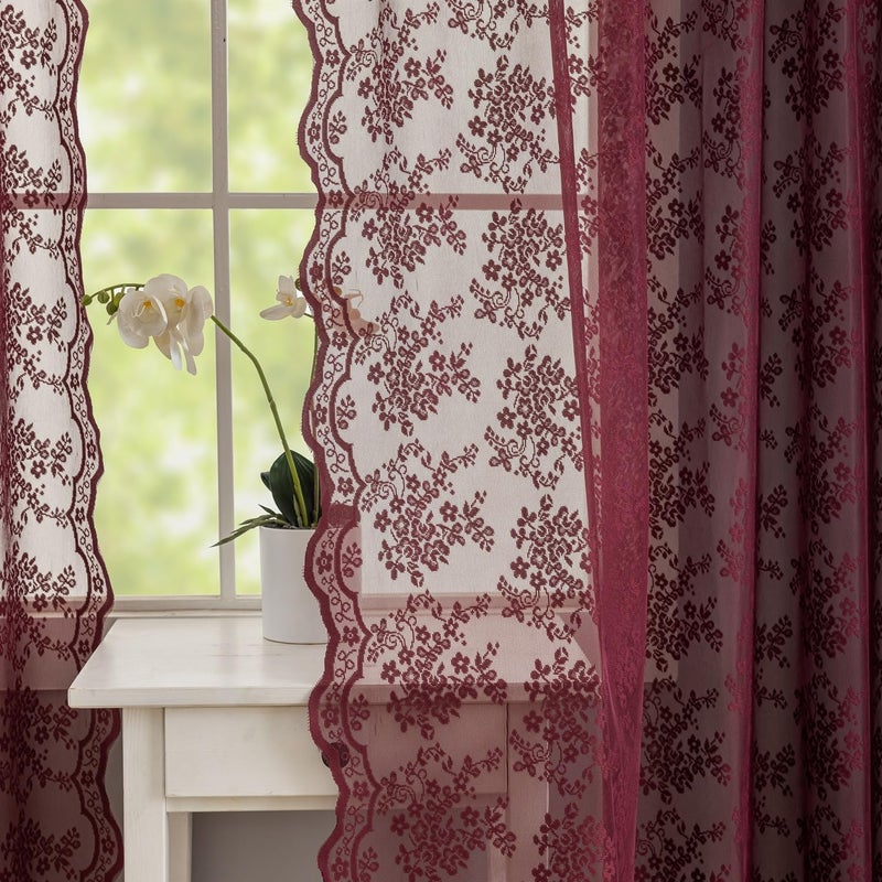 YJ YANJUN Vintage Burgundy Sheer Curtains 63 Inch Length for Dining Room Kitchen Romantic Scalloped Edges Lace Window Treatment Light Filtering Wine Tulle Curtain for Bedroom 52"W x 63"L Dark Burgundy Wine - Image 1