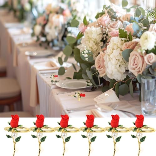 Hdtyyln Napkin Rings, Rose Napkin Ring Set of 6, Holiday Napkin Rings for Table Cloths for Decor, Romantic Flower Napkin Holder for Wedding Valentine Festival Banquet Dining Table - Image 2