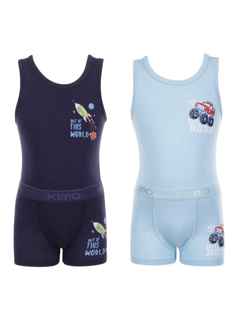 كيمو مجموعة من قطعتين من قميص داخلي وبوكسر للأولاد، ملابس داخلية قطنية - Image 2