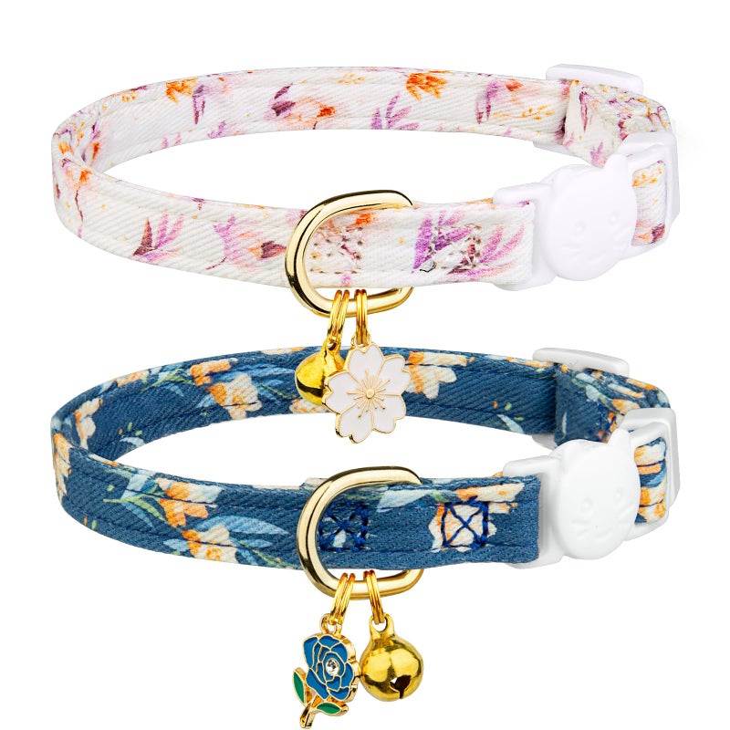 FYEQYAOU 2 Pack Cotton Breakaway Cat Collar White and Blue Flowers Pendant Cute Kitten Cat Collar with Bell - Image 1