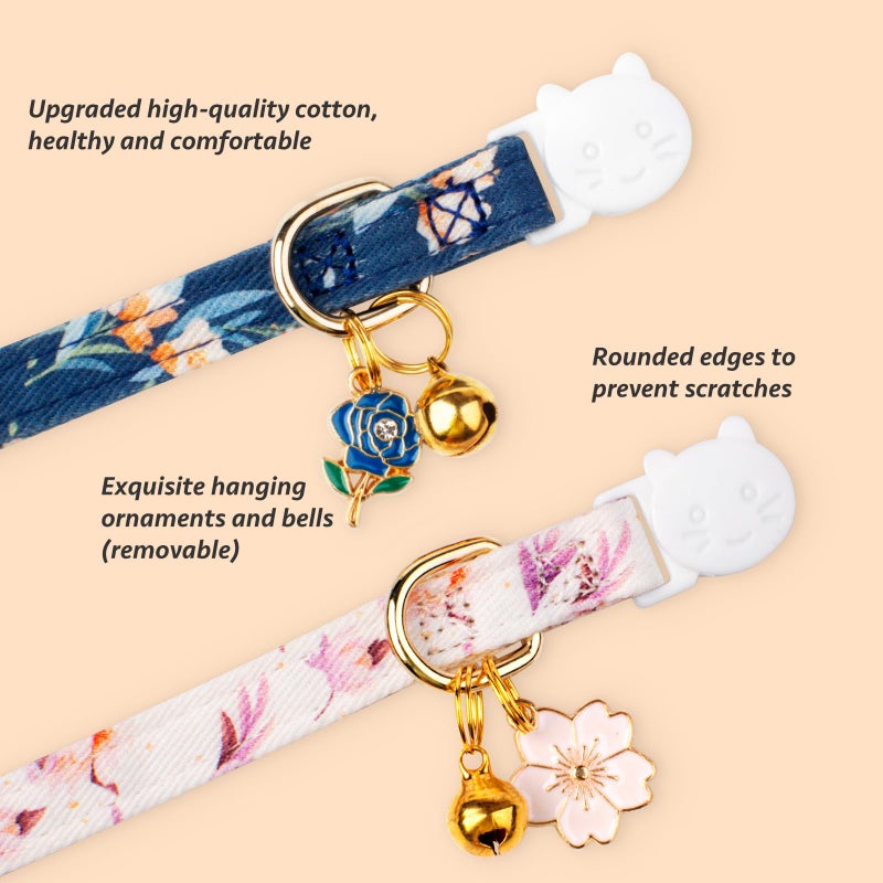FYEQYAOU 2 Pack Cotton Breakaway Cat Collar White and Blue Flowers Pendant Cute Kitten Cat Collar with Bell - Image 2