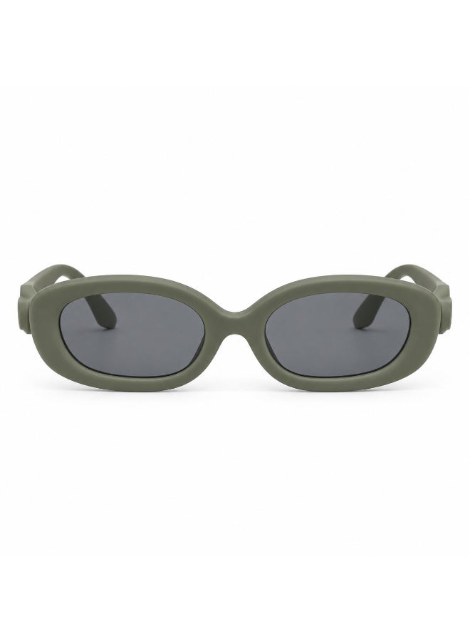 Oval Sunglasses Muted Olive Green Khaki Chunky Full-Rim Dark Smoke Grey Lenses - Image 3