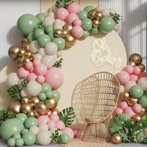 GIHOO Pink and Green Balloon Arch Garland Kit137pcs Sage Green and Pastel Pink White Sand Gold Balloons for Boho Girls Woodland Baby Shower Wedding Jungle Safari Birthday Party Decorations - Image 1