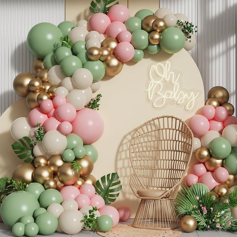 GIHOO Pink and Green Balloon Arch Garland Kit137pcs Sage Green and Pastel Pink White Sand Gold Balloons for Boho Girls Woodland Baby Shower Wedding Jungle Safari Birthday Party Decorations - Image 2