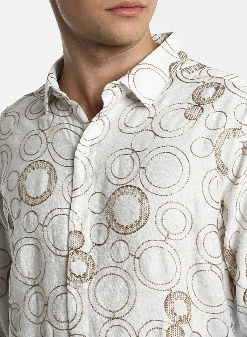 كامبوس سوترا Men's Khaki Beige Circular-Lined Shirt