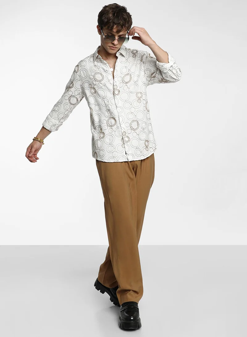 كامبوس سوترا Men's Khaki Beige Circular-Lined Shirt