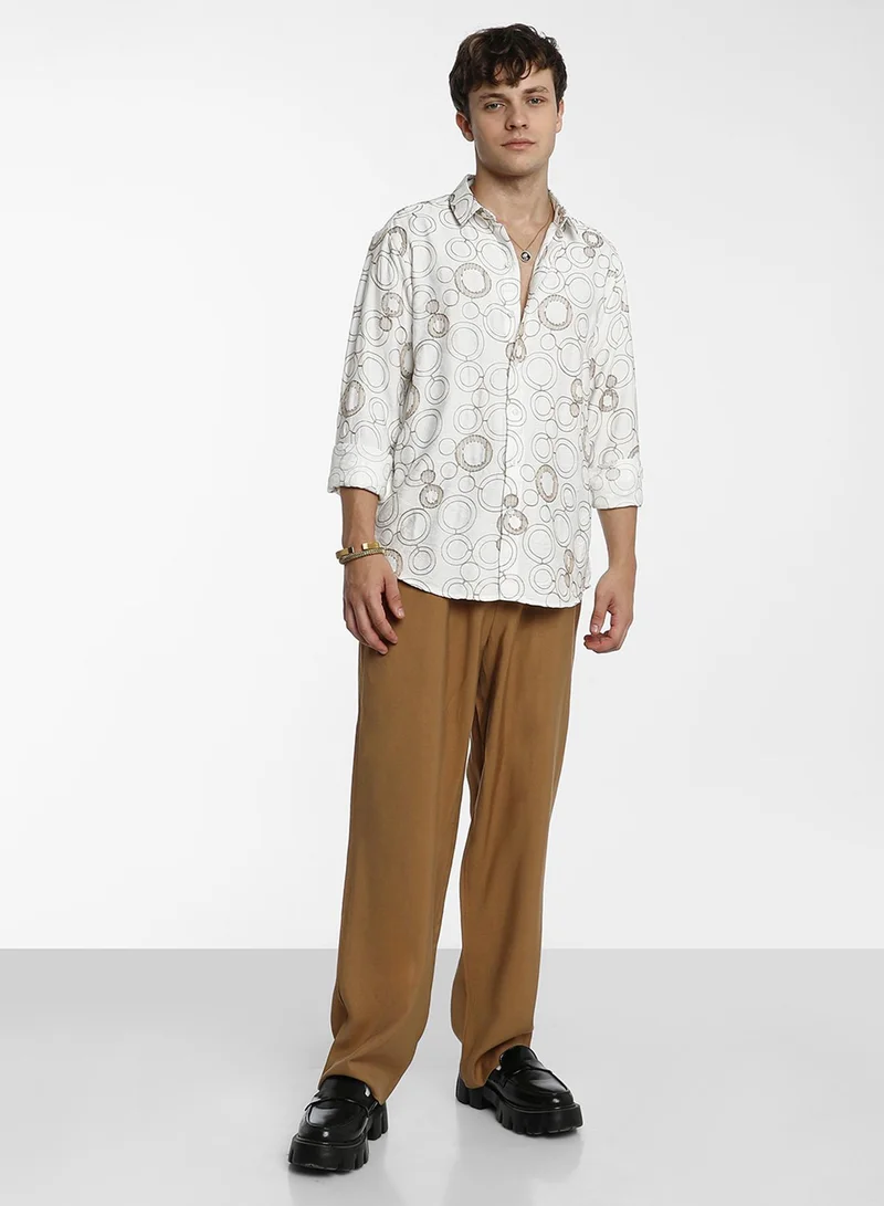 كامبوس سوترا Men's Khaki Beige Circular-Lined Shirt