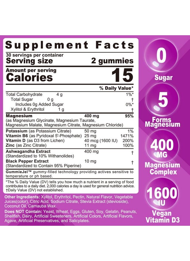 NEVISS - Sugarfree Magnesium Filled Gummies 400Mg Of Magnesium Glycinate Malate Taurate Citrate Chloride Magnesium Potassium Supplement W/Vitamin D3 Zinc & Ashwagandha Supports Mood Energy Muscle 60Cts - Image 1