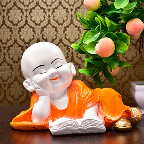 Karigaari India Handcrafted Baby Laughing Buddha Reading Book Figurine Spiritual Resin Showpiece for Home Decor Study Room Office Table Gift Feng Shui Symbol of Wisdom Positivity Peace Enlightenment - Image 1