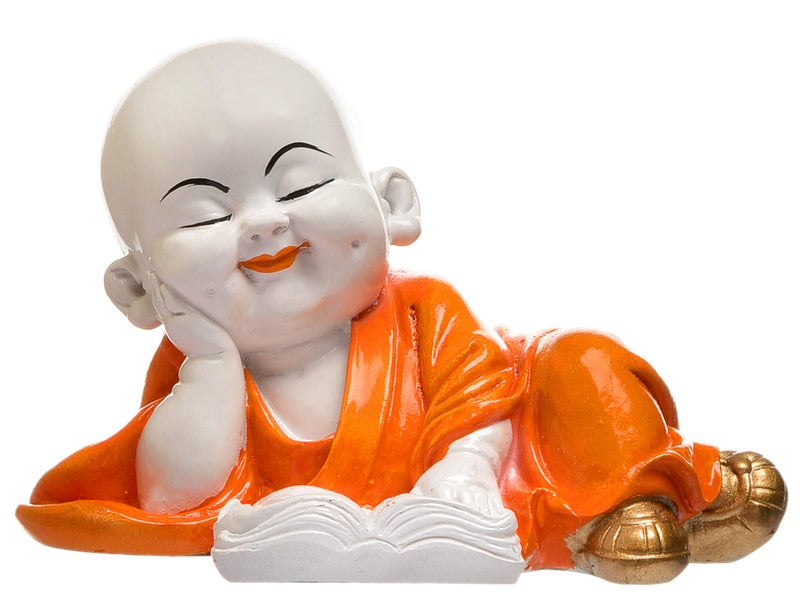 Karigaari India Handcrafted Baby Laughing Buddha Reading Book Figurine Spiritual Resin Showpiece for Home Decor Study Room Office Table Gift Feng Shui Symbol of Wisdom Positivity Peace Enlightenment - Image 2