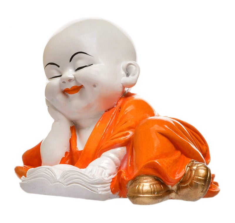 Karigaari India Handcrafted Baby Laughing Buddha Reading Book Figurine Spiritual Resin Showpiece for Home Decor Study Room Office Table Gift Feng Shui Symbol of Wisdom Positivity Peace Enlightenment - Image 4